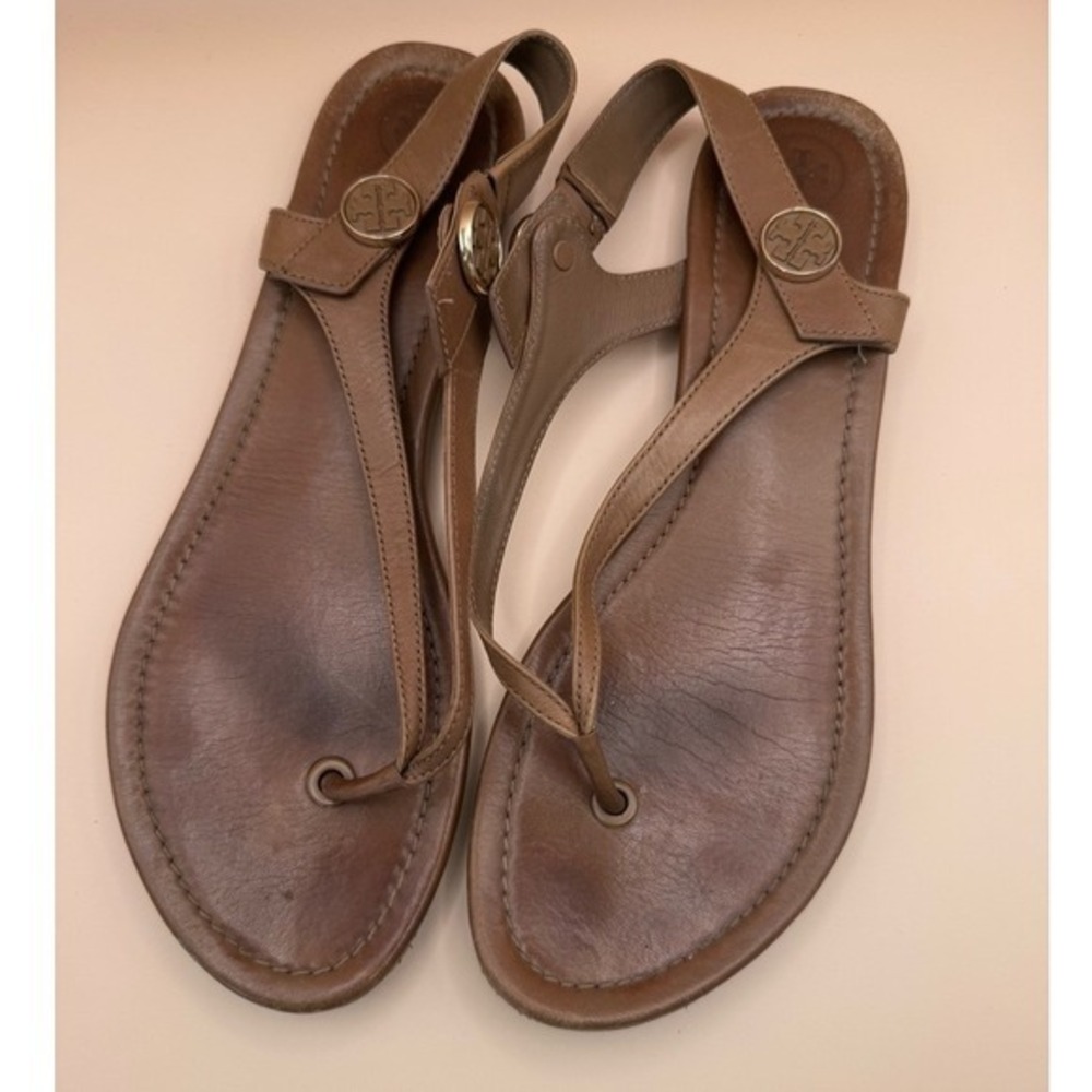 Tory‎ Burch Emmy Tan Leather Flat Thong Slingback Sandals Logo Medallion 9.5M